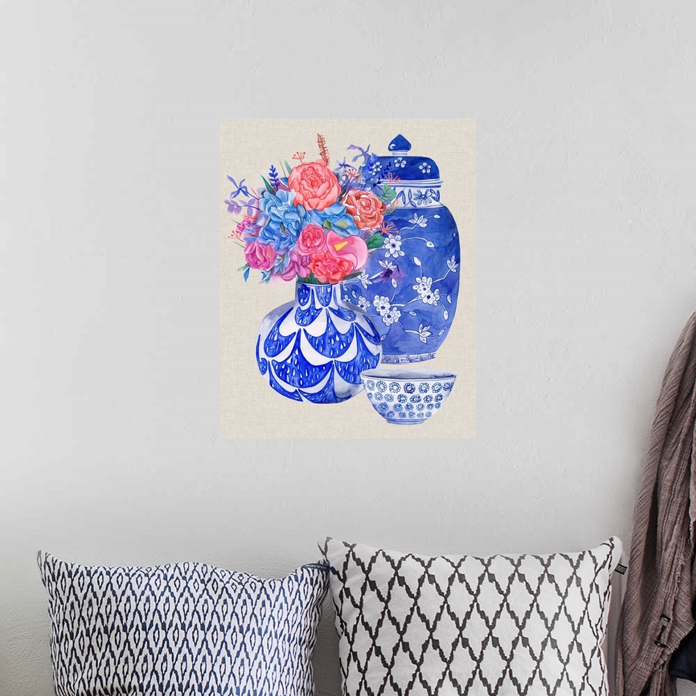 A bohemian room featuring Delft Blue Vases I