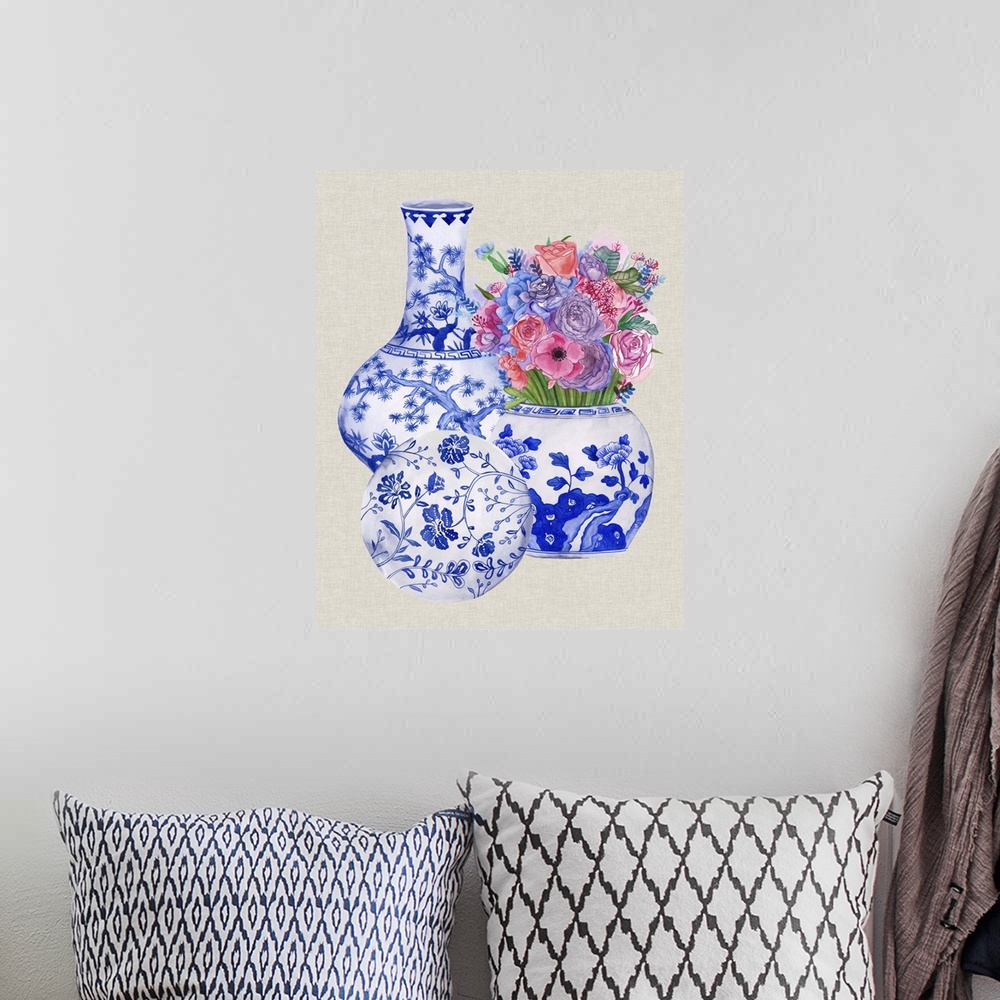 A bohemian room featuring Delft Blue Vases II
