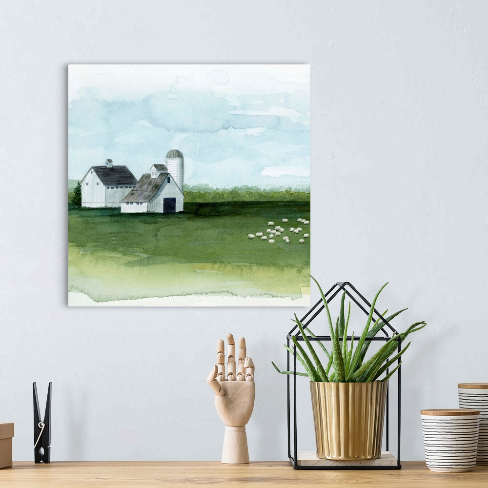 A bohemian room featuring Watercolor painting of barn on a farm with a herd of sheep grazing at pasture.