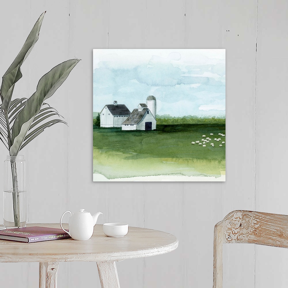 A farmhouse room featuring Watercolor painting of barn on a farm with a herd of sheep grazing at pasture.
