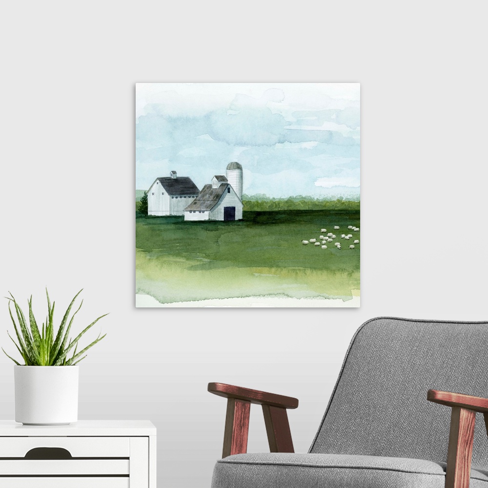 A modern room featuring Watercolor painting of barn on a farm with a herd of sheep grazing at pasture.