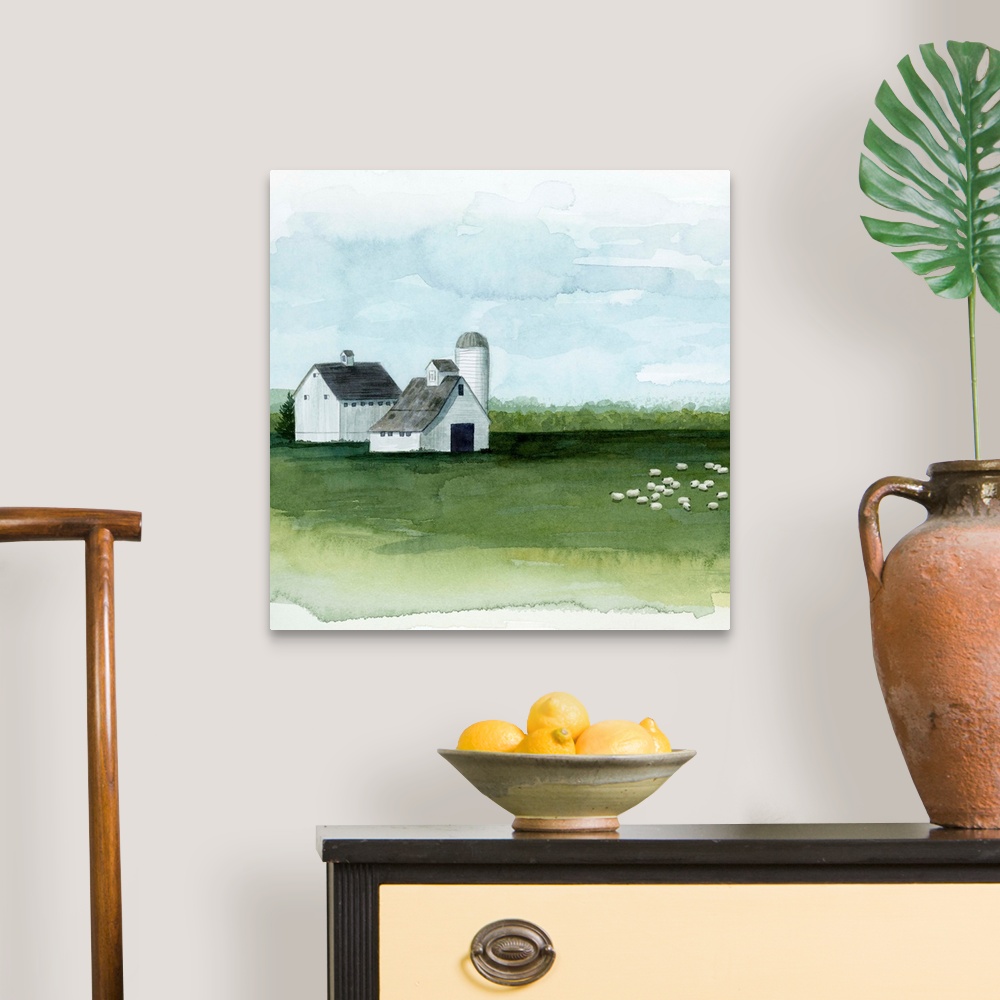 A traditional room featuring Watercolor painting of barn on a farm with a herd of sheep grazing at pasture.