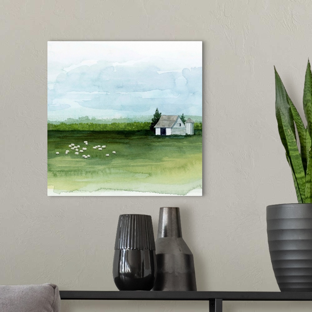 A modern room featuring Watercolor painting of barn on a farm with a herd of sheep grazing at pasture.