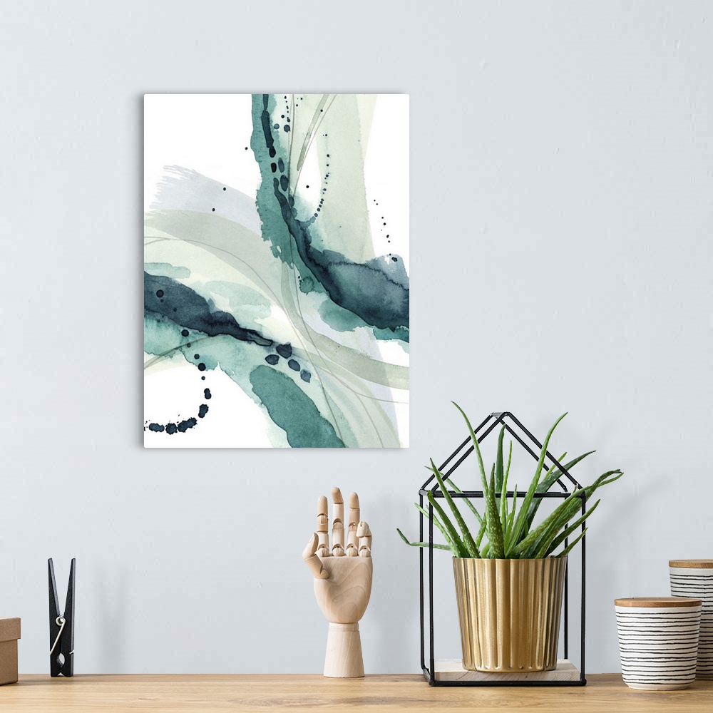A bohemian room featuring Contemporary watercolor painting of broad curved brushstrokes in teal and grey.