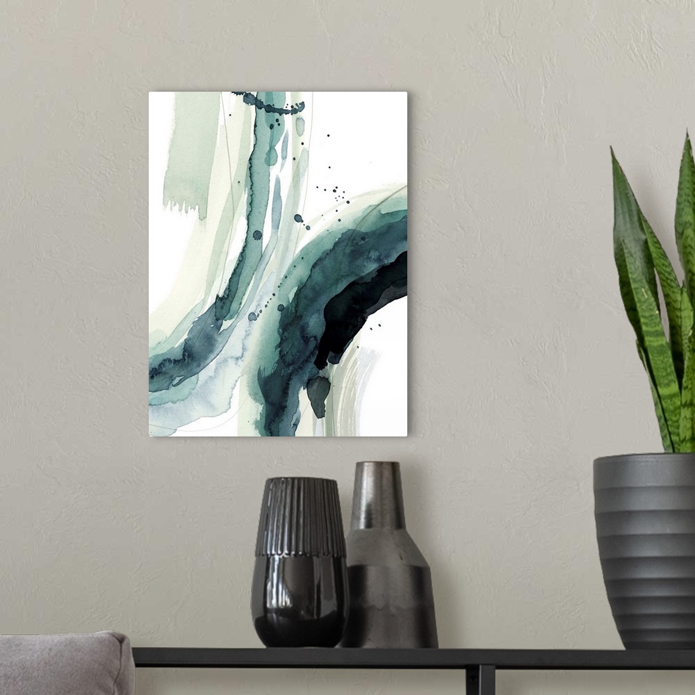 A modern room featuring Contemporary watercolor painting of broad curved brushstrokes in teal and grey.