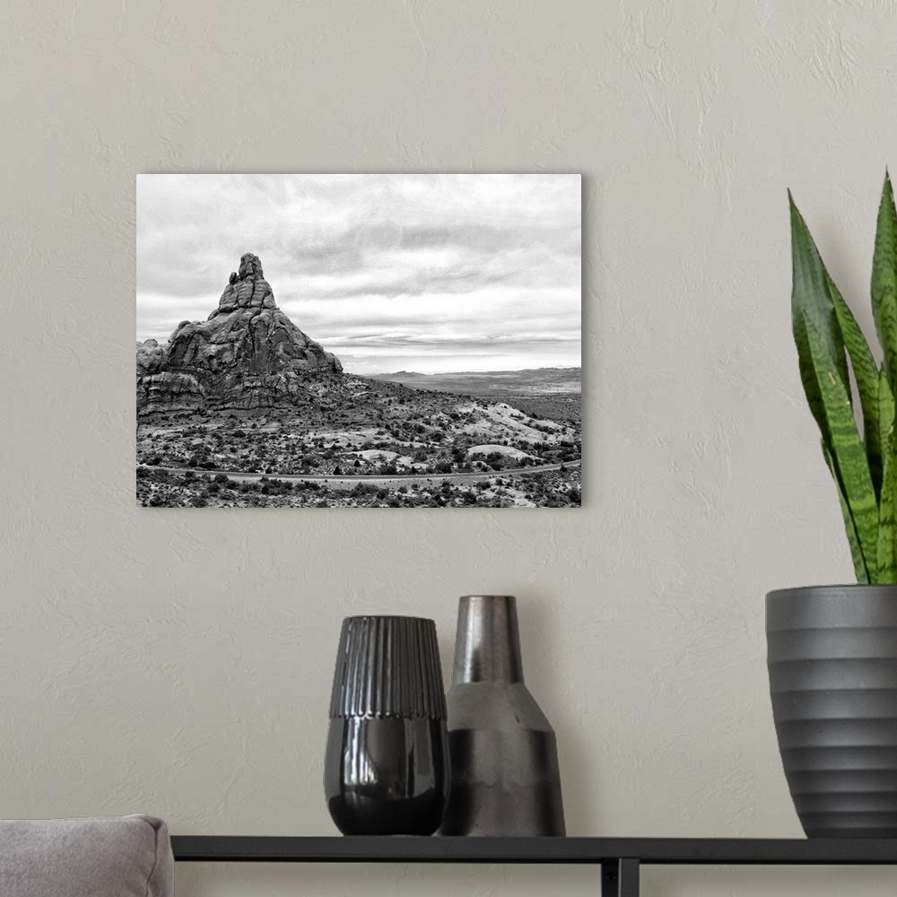 A modern room featuring Black and white photograph of Arches National Park.