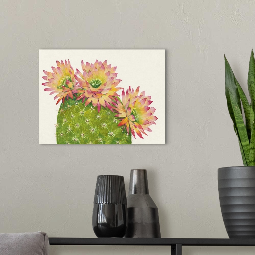 A modern room featuring A contemporary watercolor painting of a cactus with colorful flowers.