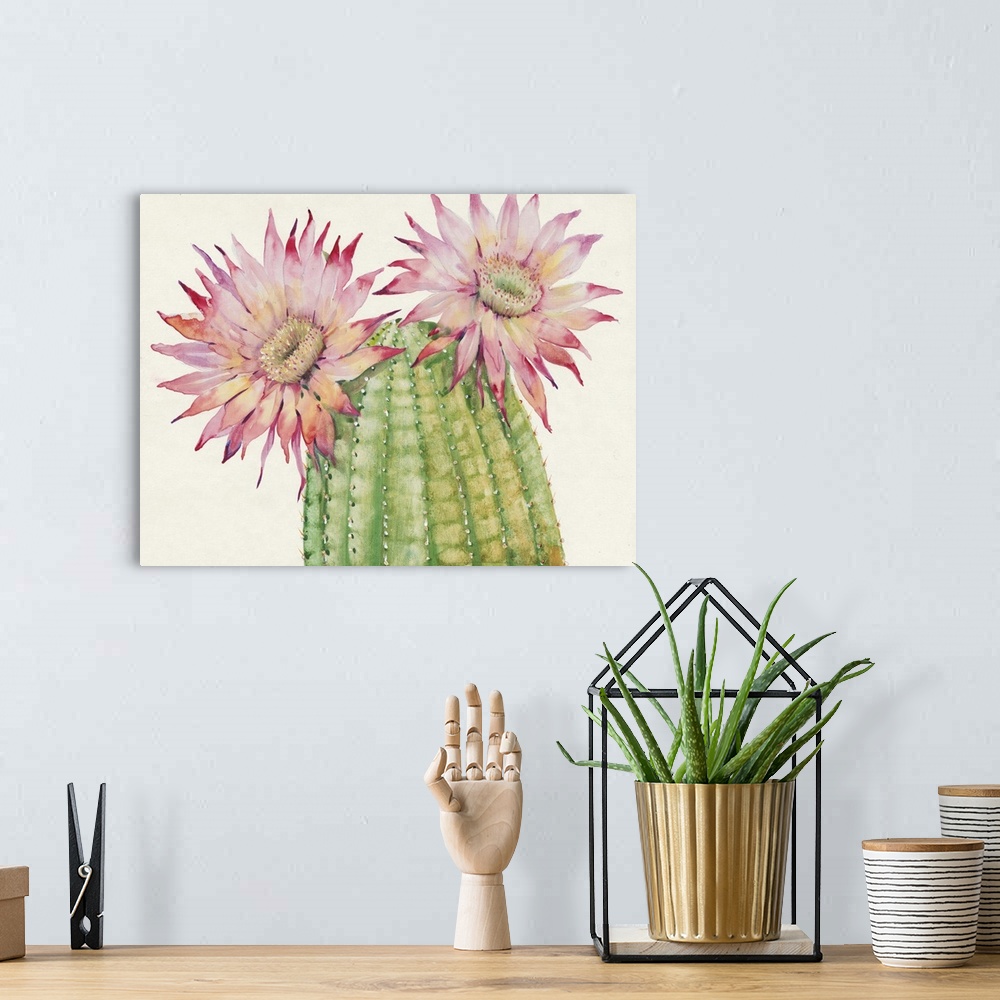 A bohemian room featuring A contemporary watercolor painting of a cactus with colorful flowers.