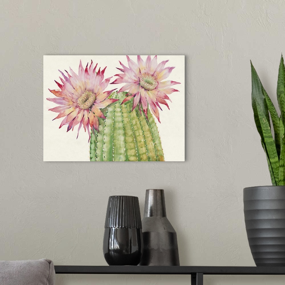 A modern room featuring A contemporary watercolor painting of a cactus with colorful flowers.