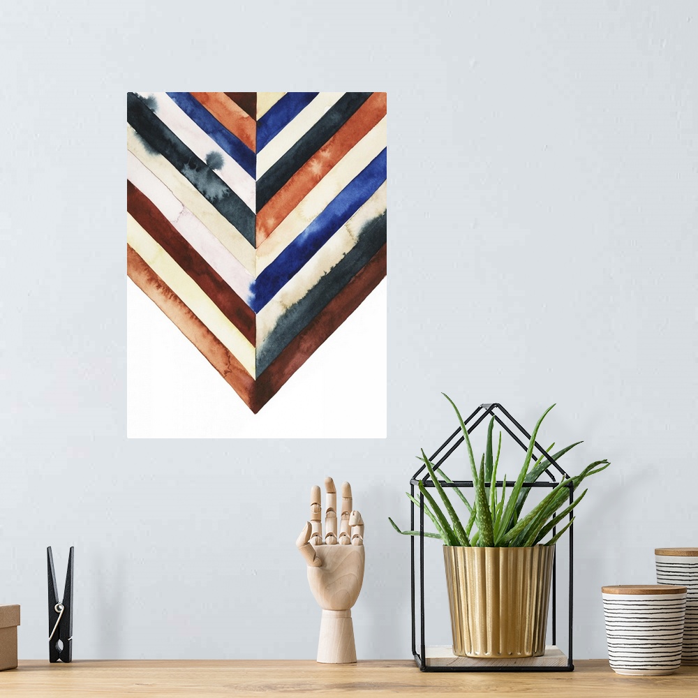 A bohemian room featuring Watercolor painting of angled stripes of colors meeting in the center on a white background.