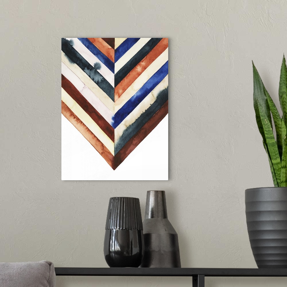 A modern room featuring Watercolor painting of angled stripes of colors meeting in the center on a white background.