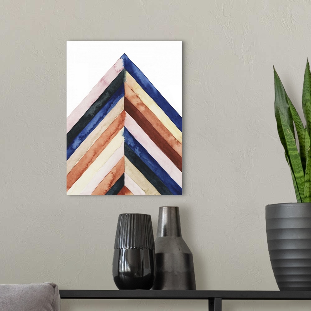 A modern room featuring Watercolor painting of angled stripes of colors meeting in the center on a white background.