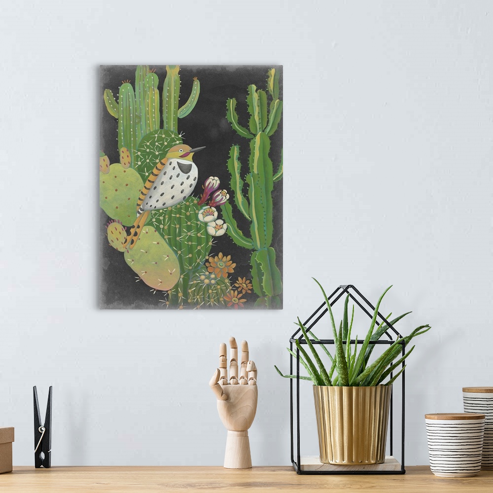 A bohemian room featuring Contemporary Southwestern-themed artwork of a Gila Woodpecker on a cactus.