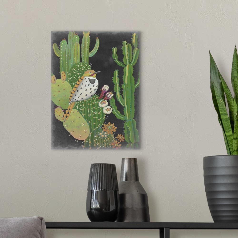 A modern room featuring Contemporary Southwestern-themed artwork of a Gila Woodpecker on a cactus.