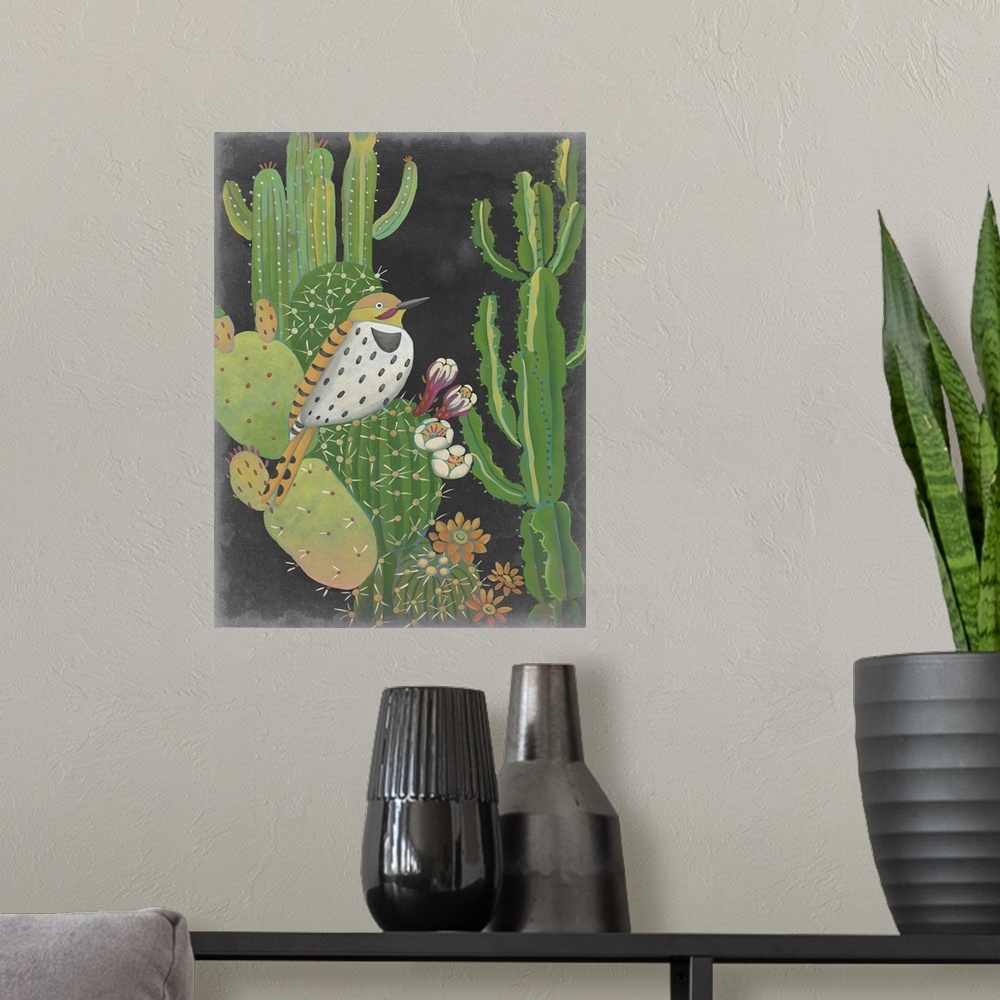 A modern room featuring Contemporary Southwestern-themed artwork of a Gila Woodpecker on a cactus.