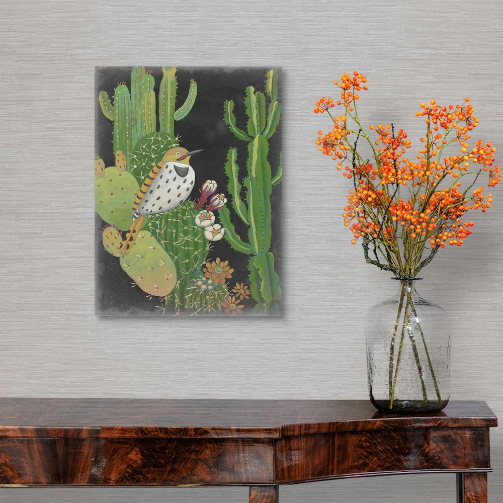 A traditional room featuring Contemporary Southwestern-themed artwork of a Gila Woodpecker on a cactus.