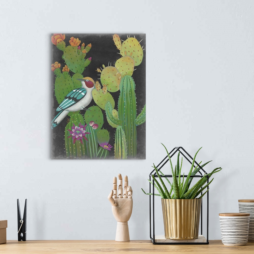 A bohemian room featuring Contemporary Southwestern-themed artwork of a colorful bird on a cactus.