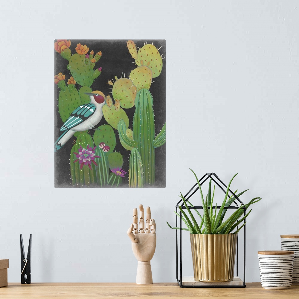 A bohemian room featuring Contemporary Southwestern-themed artwork of a colorful bird on a cactus.