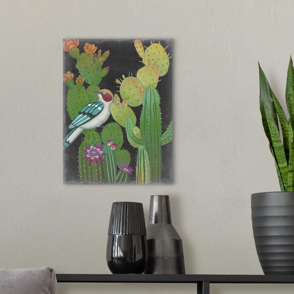 A modern room featuring Contemporary Southwestern-themed artwork of a colorful bird on a cactus.