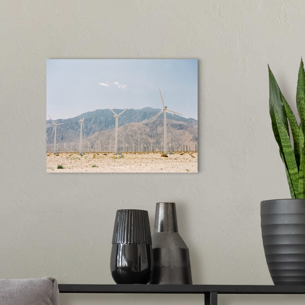 A modern room featuring Photograph of a wind power farm outside of Palm Springs, California.