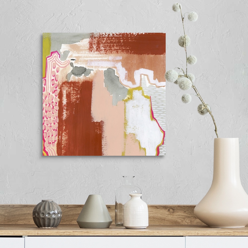 A farmhouse room featuring Contemporary abstract painting in hot pink, dark red, gray, and citron yellow.