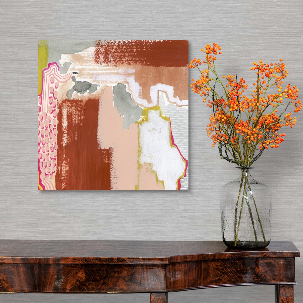 A traditional room featuring Contemporary abstract painting in hot pink, dark red, gray, and citron yellow.