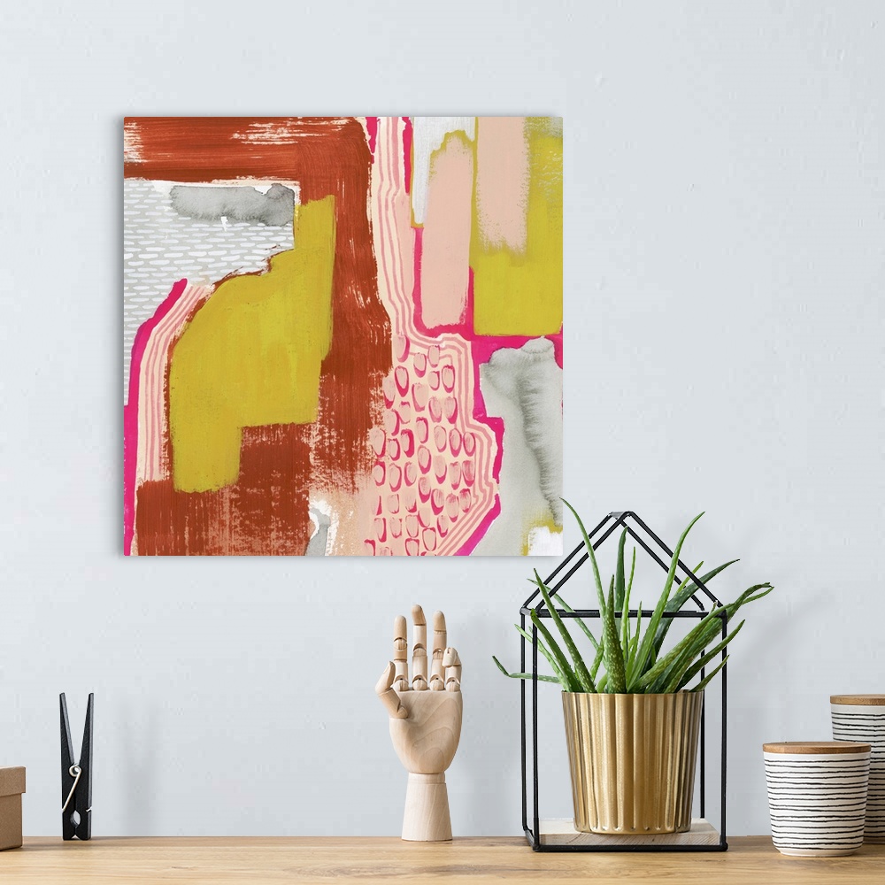 A bohemian room featuring Contemporary abstract painting in hot pink, dark red, gray, and citron yellow.