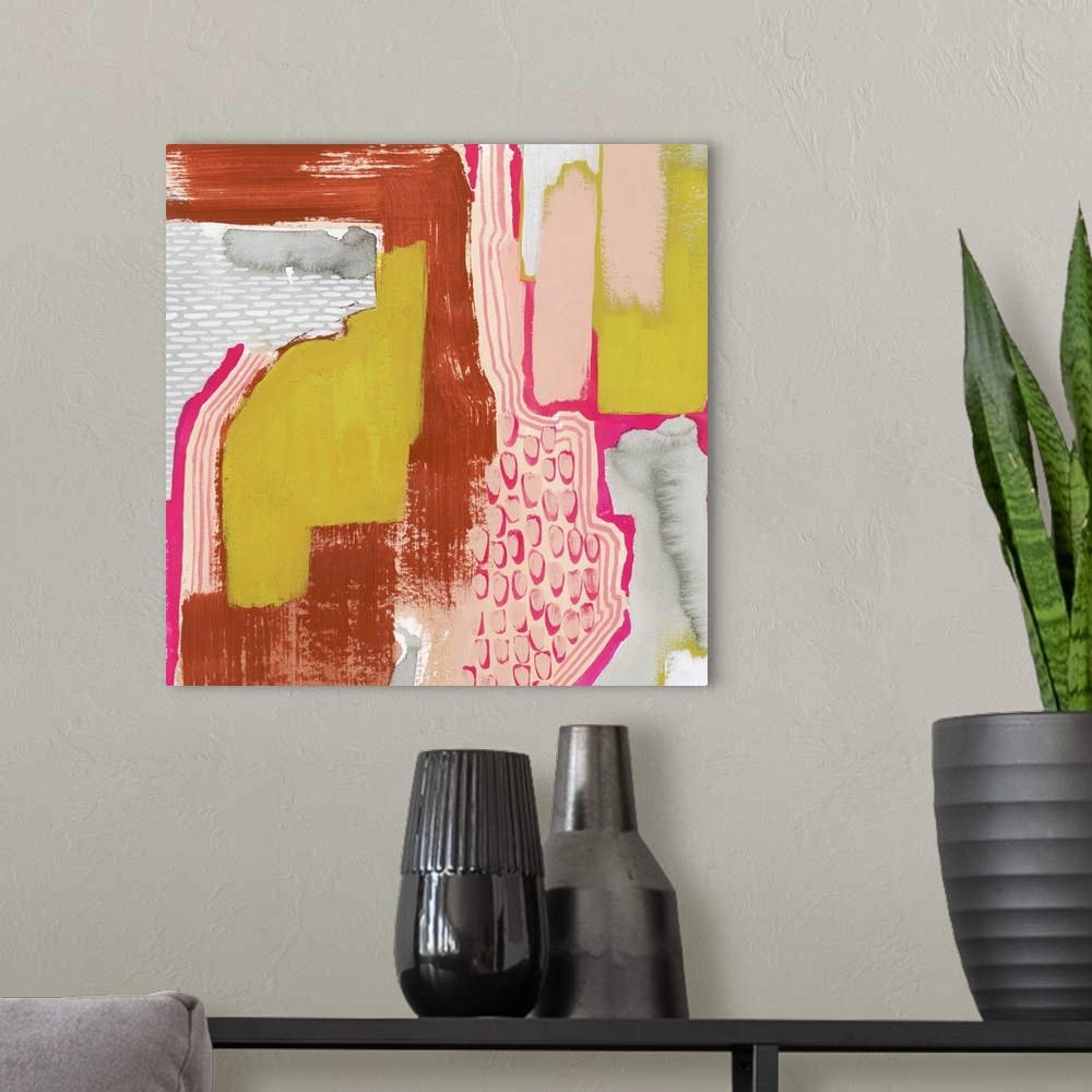 A modern room featuring Contemporary abstract painting in hot pink, dark red, gray, and citron yellow.