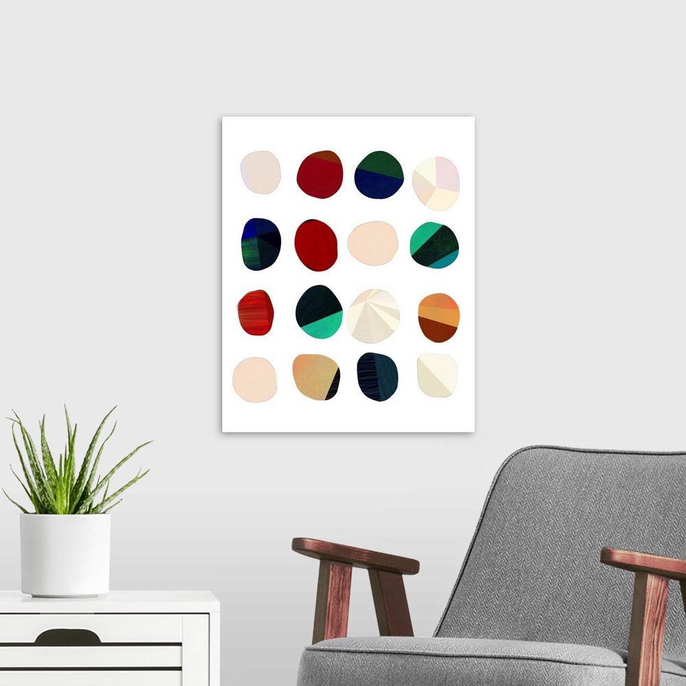 A modern room featuring Modern abstract artwork of rows of organic round shapes in aqua, beige, and red.