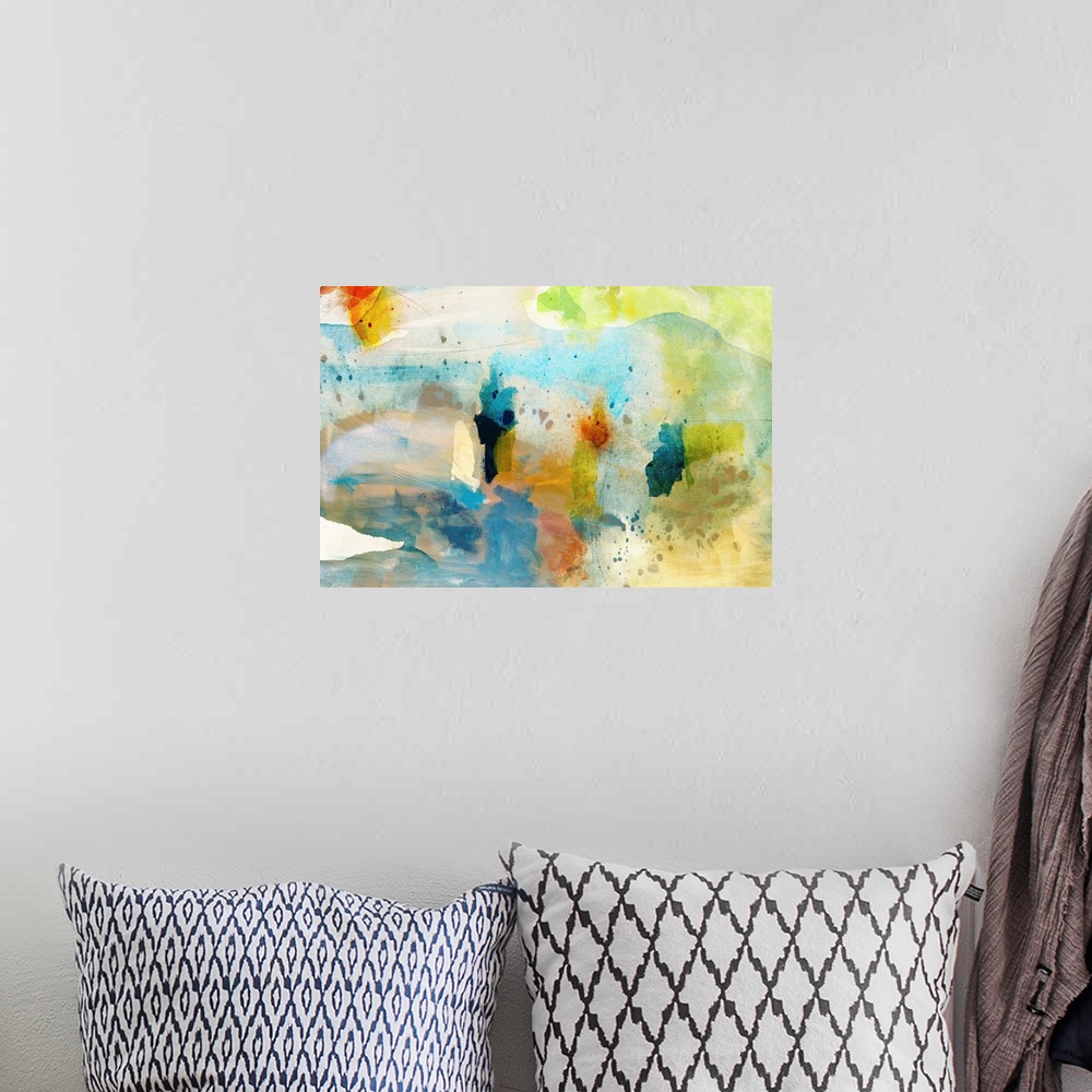 A bohemian room featuring Splashes and splatters of paint make up this abstract piece of artwork.