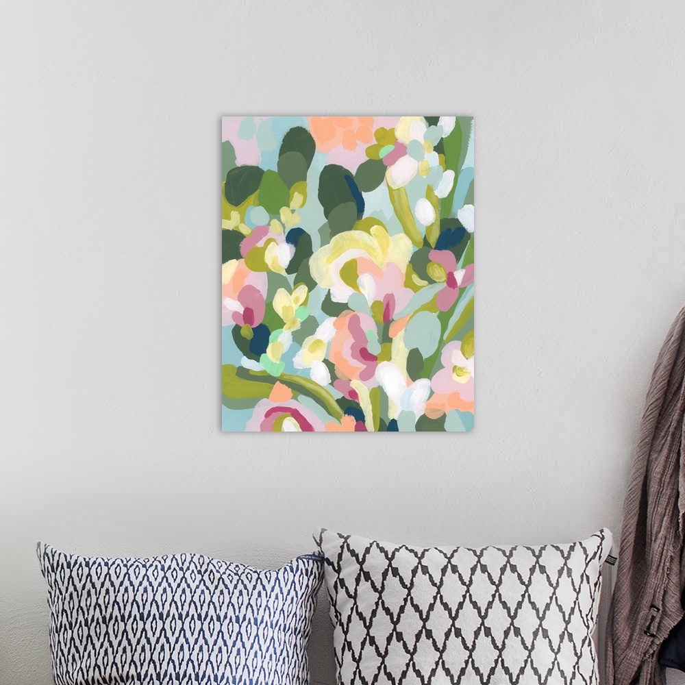 A bohemian room featuring A very abstracted painting of a flower garden in spring pastel colors
