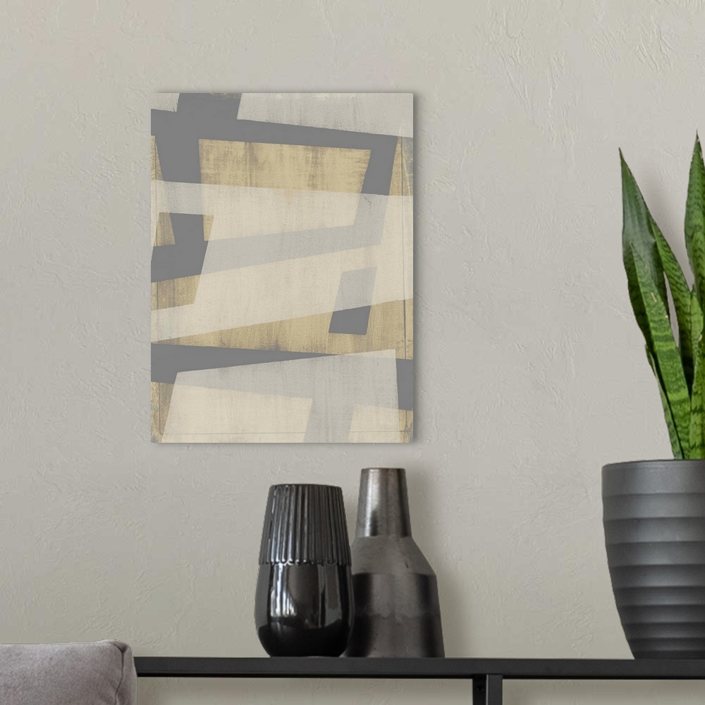 A modern room featuring This contemporary artwork displays neutral tones in angular geometric shapes with varying opacity.