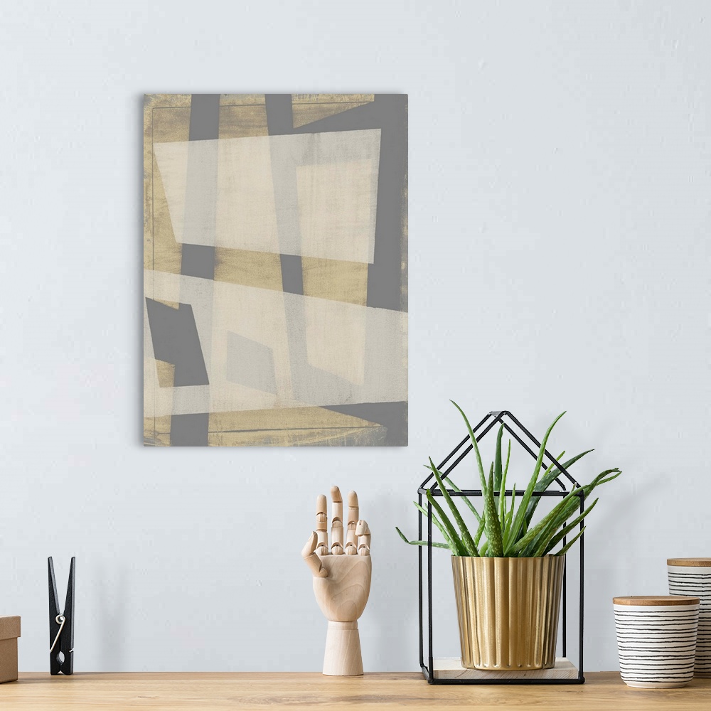 A bohemian room featuring This contemporary artwork displays neutral tones in angular geometric shapes with varying opacity.
