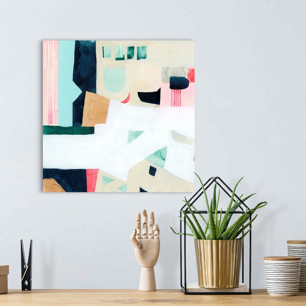 A bohemian room featuring Contemporary abstract painting with various shapes and colors.