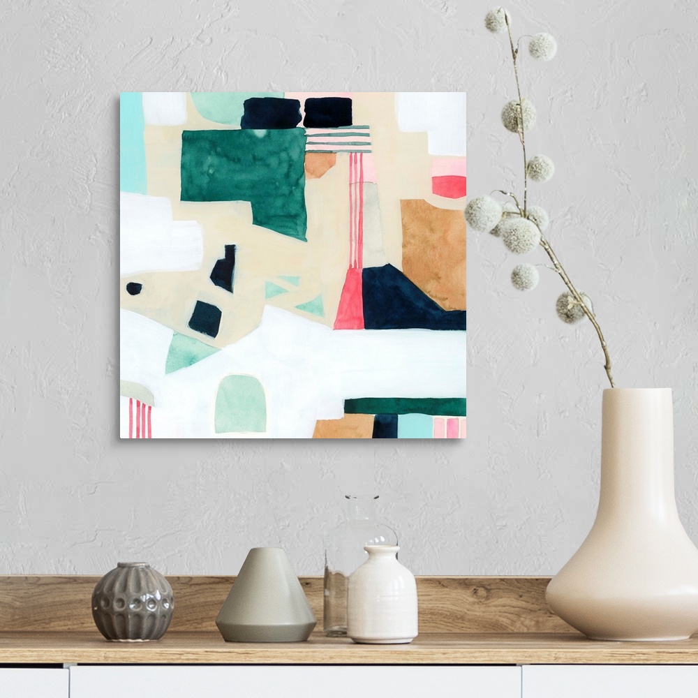 A farmhouse room featuring Contemporary abstract painting with various shapes and colors.