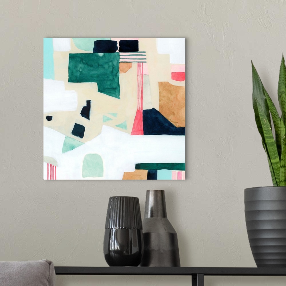 A modern room featuring Contemporary abstract painting with various shapes and colors.