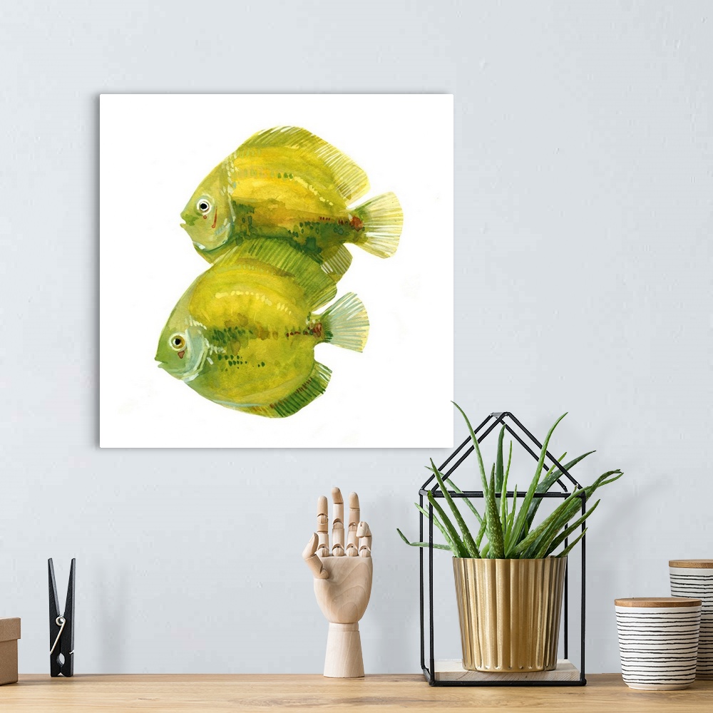 A bohemian room featuring Watercolor portrait of two brightly painted citron yellow and green fish.