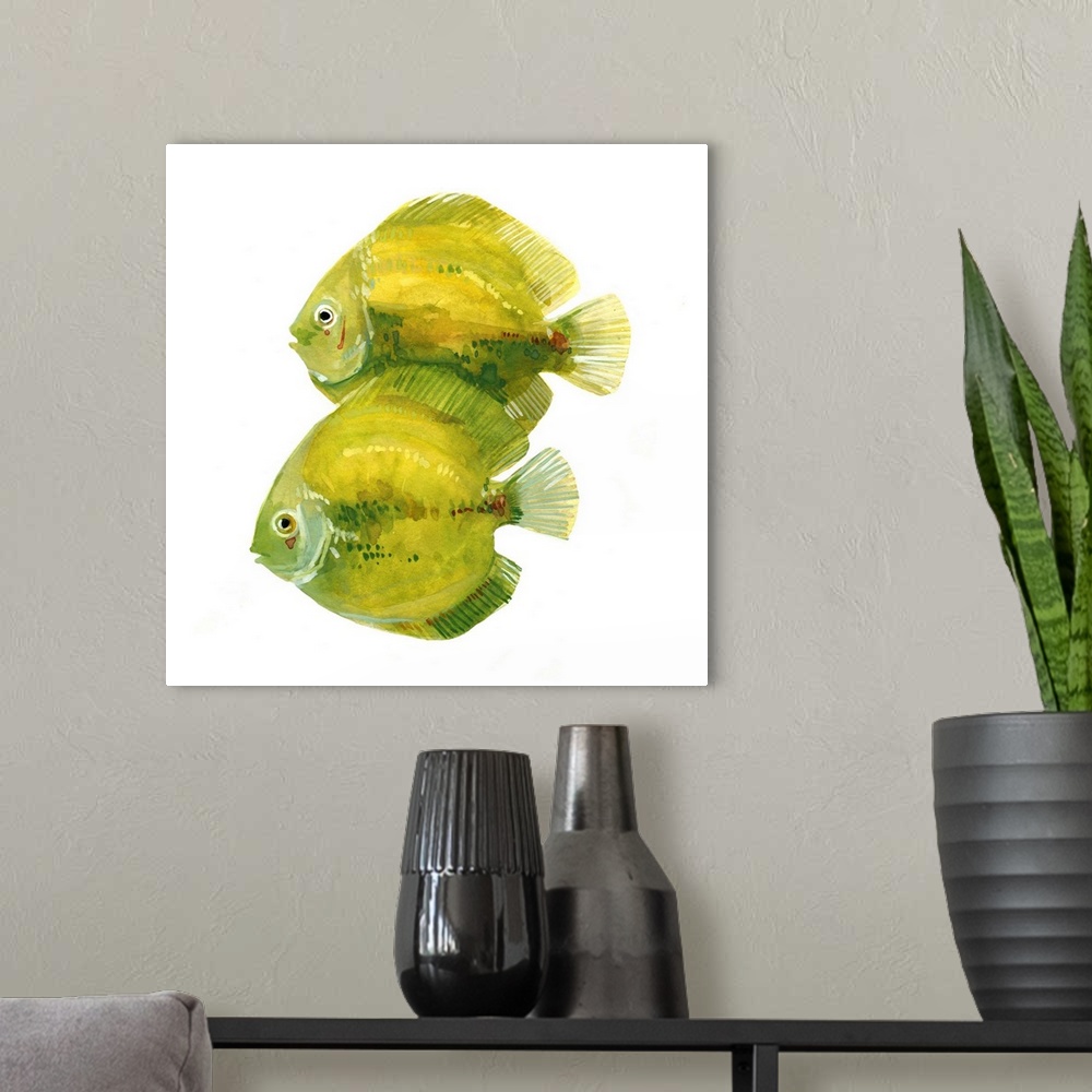 A modern room featuring Watercolor portrait of two brightly painted citron yellow and green fish.
