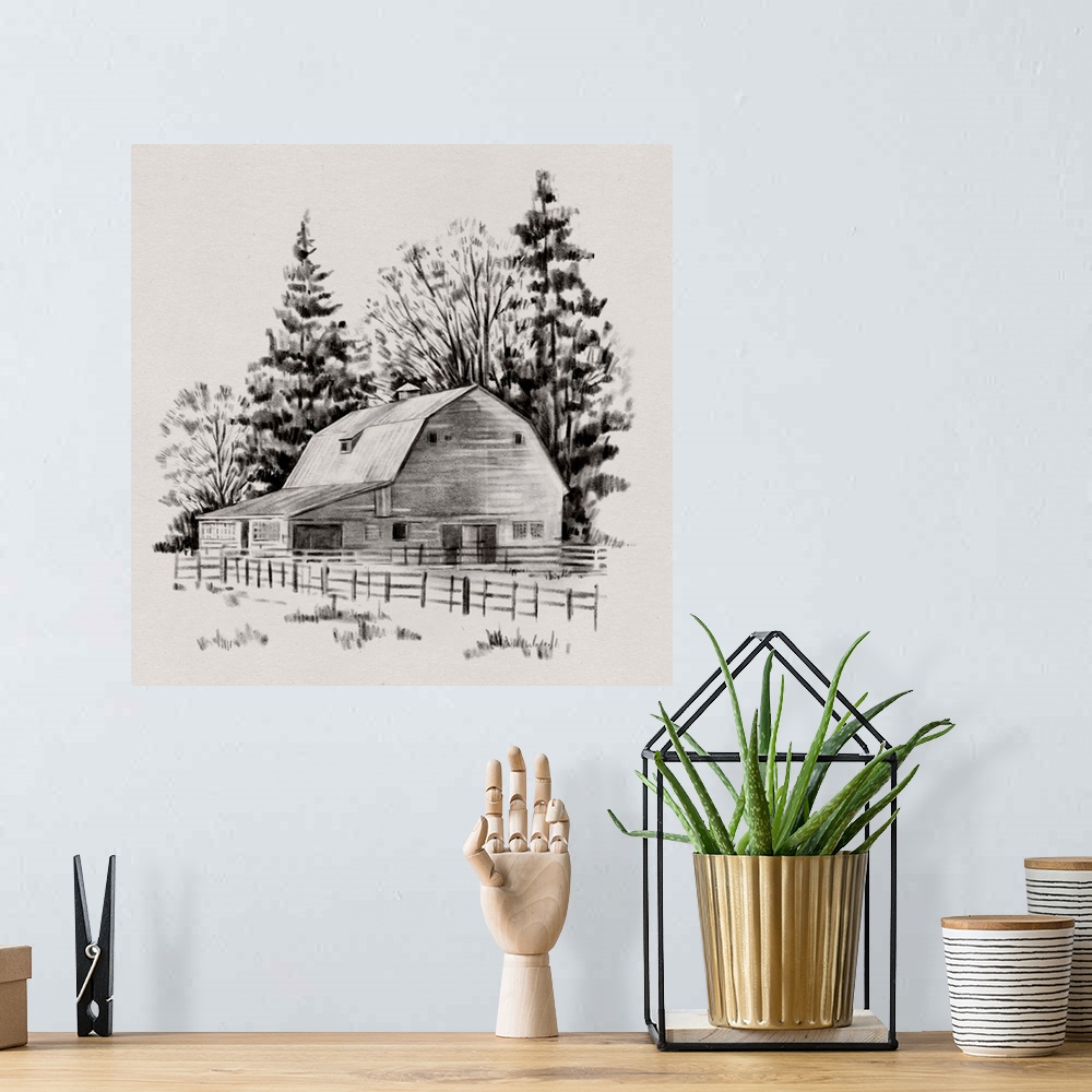 A bohemian room featuring Distant Barn Sketch I