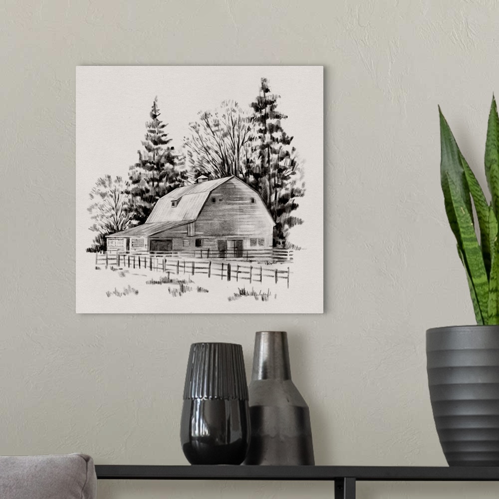 A modern room featuring Distant Barn Sketch I