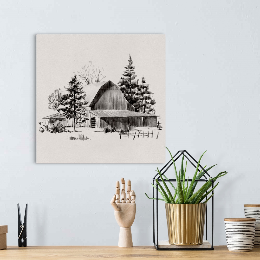 A bohemian room featuring Distant Barn Sketch II