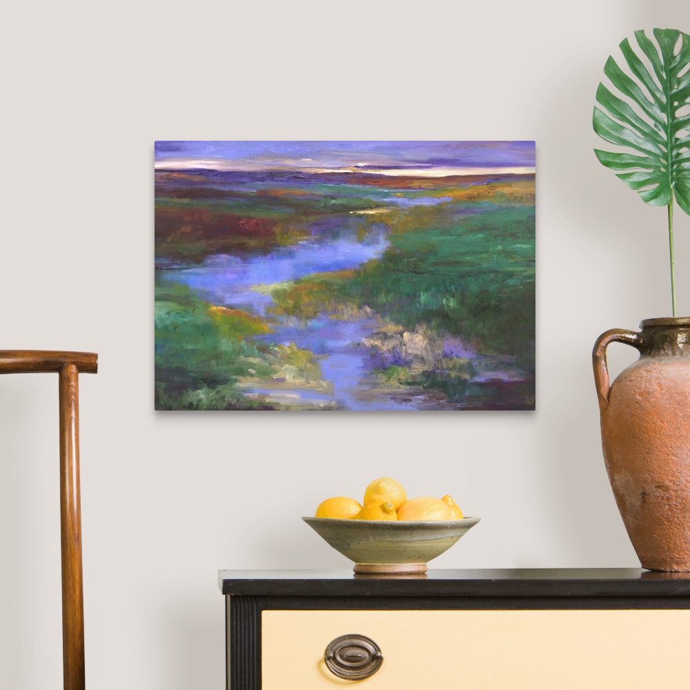 A traditional room featuring Contemporary landscape artwork of a river running through a marshy countryside.