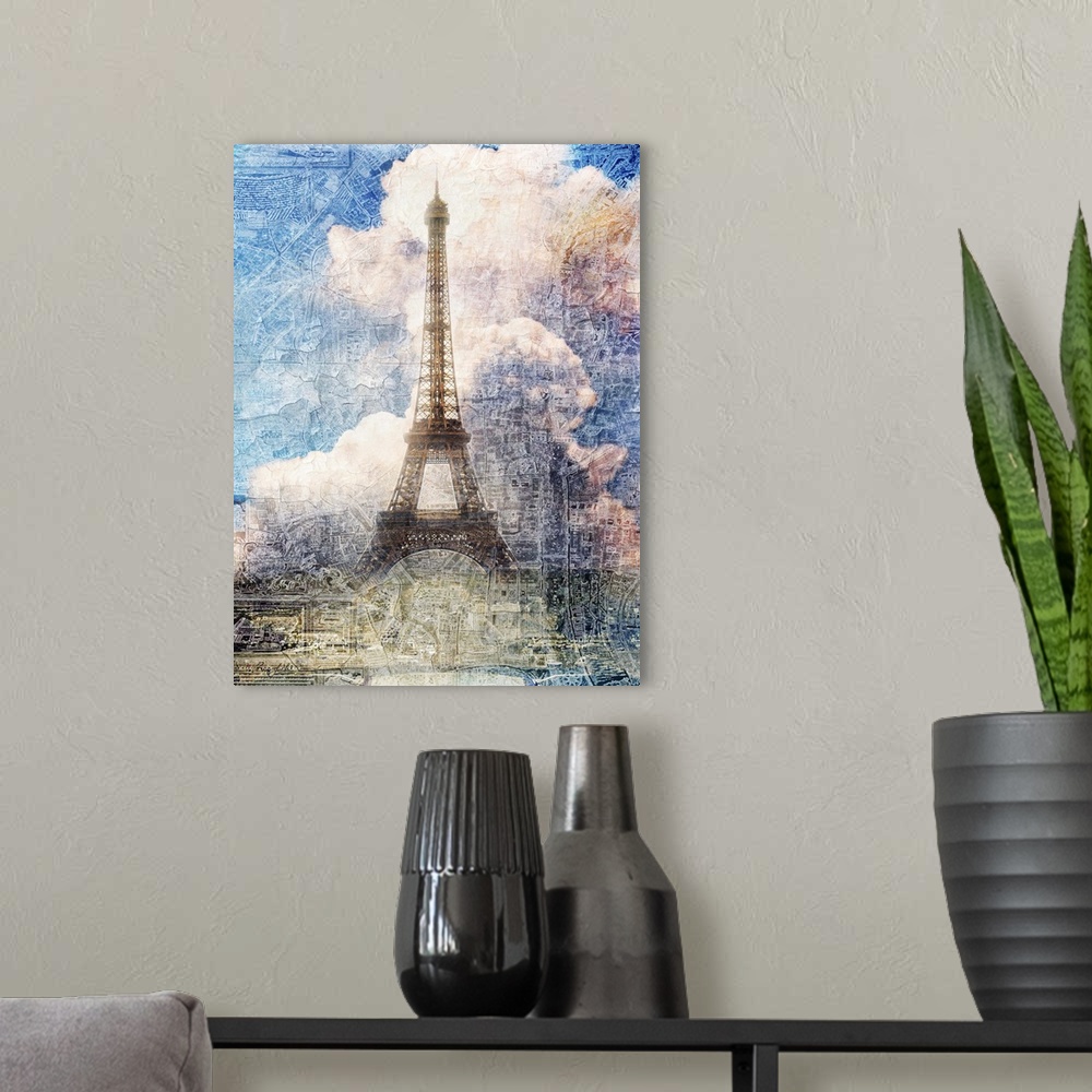 A modern room featuring Artistic photograph of the Eiffel Tower and large clouds, with a rough texture overlay.