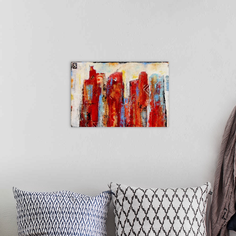 A bohemian room featuring Contemporary colorful abstract painting using vibrant tones of red and orange with hints of blue ...