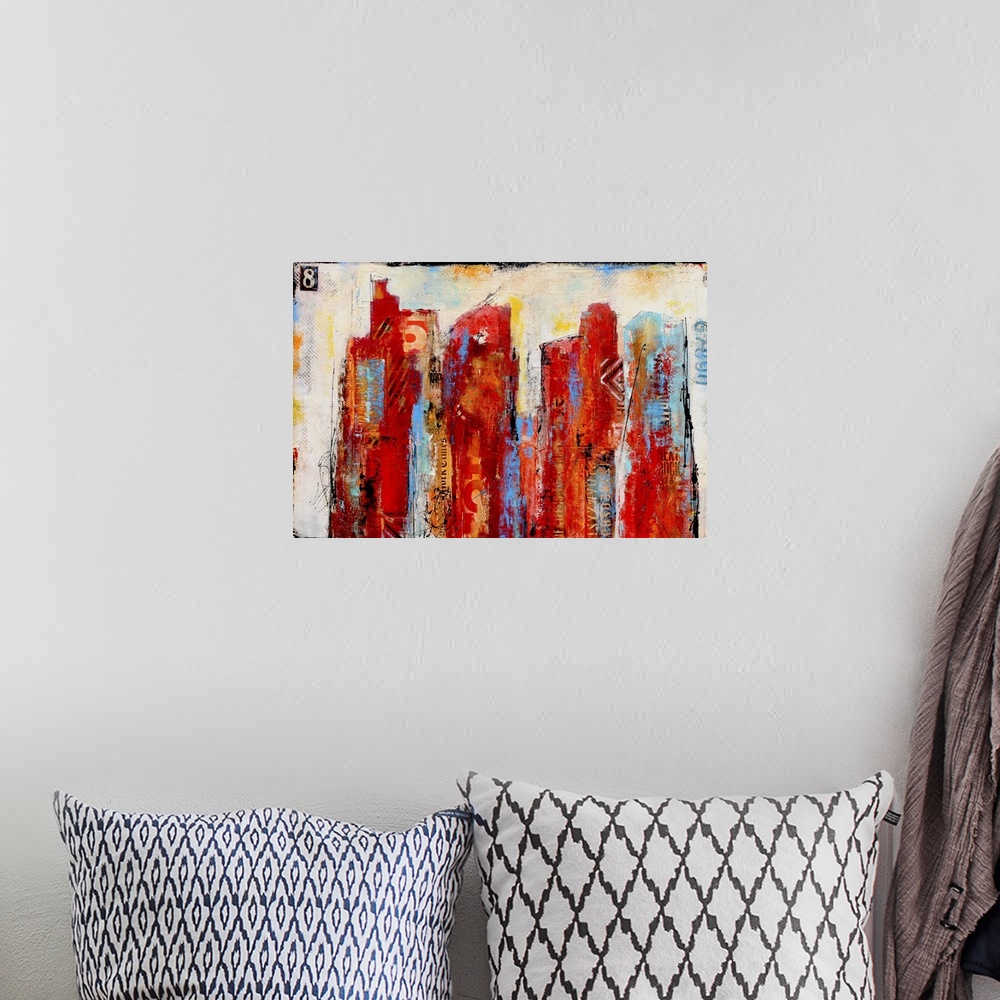 A bohemian room featuring Contemporary colorful abstract painting using vibrant tones of red and orange with hints of blue ...