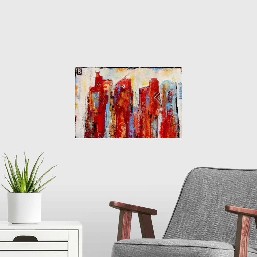 A modern room featuring Contemporary colorful abstract painting using vibrant tones of red and orange with hints of blue ...