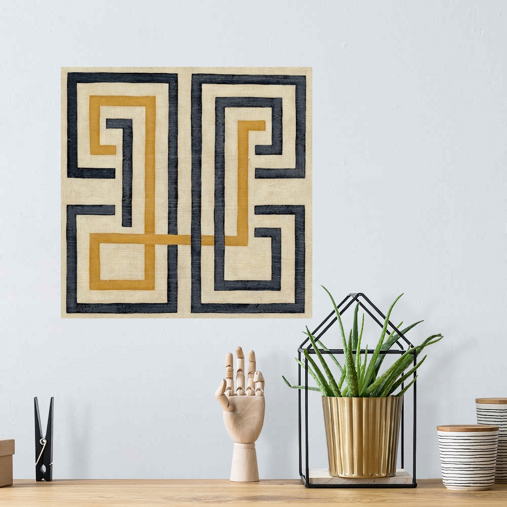 A bohemian room featuring Square abstract wall art of various straight lines arranged near each other.