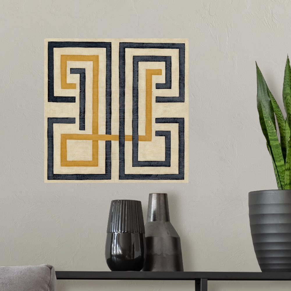 A modern room featuring Square abstract wall art of various straight lines arranged near each other.