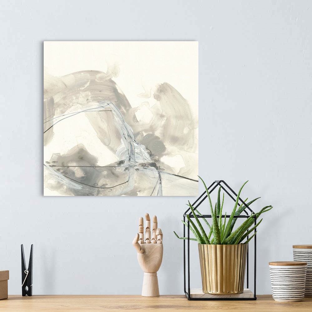 A bohemian room featuring Contemporary abstract art print in neutral grey and white.