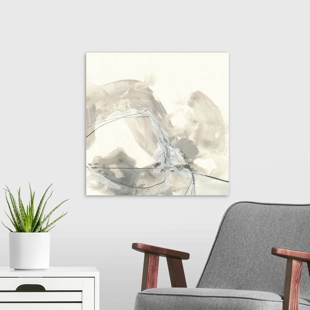 A modern room featuring Contemporary abstract art print in neutral grey and white.